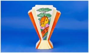 Reproduction Clarice Cliff `Orange Roof Cottage` Sunray Vase, limited edition, hand painted, 8½