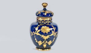 Royal Crown Derby Hand Painted Persian Style Gold And Blue Lidded Vase. Date 1900. 7.5`` in height.