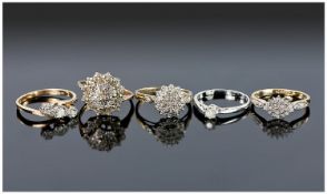 A Collection of Ladies 9ct Gold Set Diamond Rings, 5 in total. Three cluster rings, one single