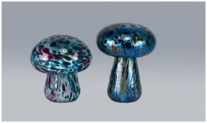 Two Studio Glass Mushroom Paperweights, Isle Of Wight + 1 Other.