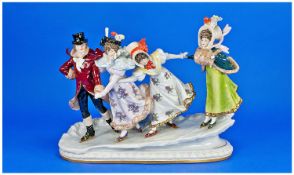Dresden ``Schiebe Alsbach`` Fine Figure Group Of 19th Century Skaters. Circa 1950. Hand painted and