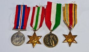 World War II Set Of Medals. 1, Africa star. 2, Italy star. 3, Service medal 1939-1945. Plus one