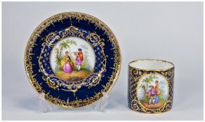 Fine Quality Hand Painted Vienna Cabinet Coffee Can and Saucer. c.1880`s. Blue beehive to base.