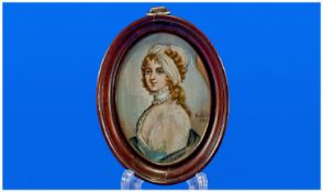 18th Century Miniature Portrait on Ivory. Dated 1789. Young woman in 18th century dress. Later