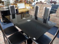 Contemporary Black Glass and Chrome Dining Table and Six Chairs, the chairs with leather