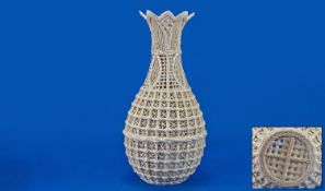 Chinese Dehua Style White Ceramic Basket Weave Vase, with panel decorated shoulders and neck, and