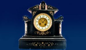 19th Century Slate Mantle Clock, with  pediment top, the front with turned marble columns, with