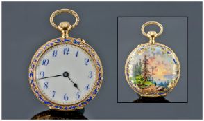 18ct Gold Ladies Enamelled Fob Watch, White Porcelain Dial With Blue Enamelled Arabic Numerals And