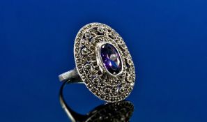 Large Silver Amethyst & Marcasite Dress Ring, In The 1930`s Style With Central Oval Amethyst