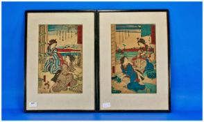 Pair of Japanese Wood Block Prints, 9 by 14 inches.