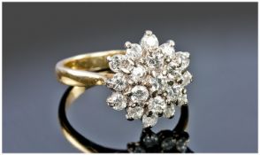 18ct Gold Diamond Cluster Ring, flowerhead setting, 21 old brilliant cut diamonds, estimated 2 cts