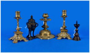 Collection of Metalware, comprising pair of candlesticks, with barley twist supports, with moulded