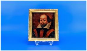 An Early Painting On Panel Of William Shakespeare (1564-1616). The panel is of the period; oak with