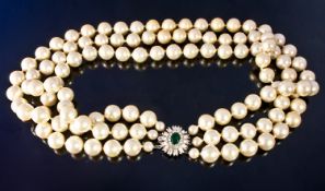 Triple Stand Simulated Pearl Necklace, With Gold Tone Clasp. Boxed.