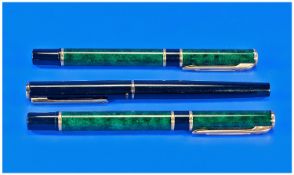 Two Waterman Paris Fountain Pens, With Green Marbled Barrels And Caps, Gilt Mounts. Together With A