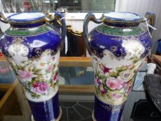Pair Of Noritake Two Handled Vases, In Cobalt Blue And Gilt With Central Floral Decoration. Height