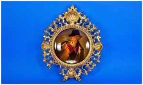 Vienna Fine 19th Century Wall Plaque, within a Gilt Wood Ornate Frame, Titled ` The Smoker ` Blue