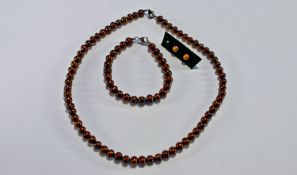 Cultured Freshwater Bronze Pearl Necklace, Bracelet and Earrings Set, rich chocolate colour pearls