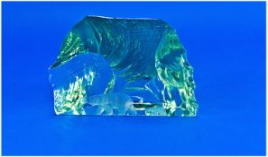 Vicke Lindstrand for Kosta Boda Art Glass Engraved Paperweight/Sculpture Depicting Polar Bears, c.