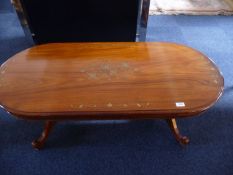 Modern Mahogany Coffee Table, the top with floral brass inlay to top, of double pedestal form,