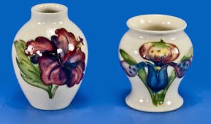 Moorcroft Small Vases, 2 In Total. 1, Orchid pattern on cream ground. 3`` in height. 2, hibiscus