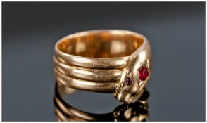 18ct Gold Snake Ring With Ruby Set Eyes And Forehead. Marked 18. 8.2 grams