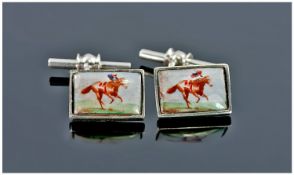 Gents Silver Cufflinks, The Rectangular Fronts Showing Race Horses And Jockey, Chain Fittings.