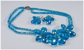 Butler and Wilson Style Turquoise Crystal Flower Necklace and Earrings, the necklace comprising
