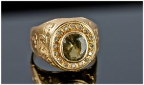 14ct Gold Vintage Oval Shaped Diamond Set Ring. The central stone surrounded by 16 small diamonds.