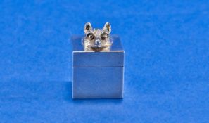 A Sterling Silver Tiffany & Co Pill Box, square shape with a realistic fox head to the hinged lid,