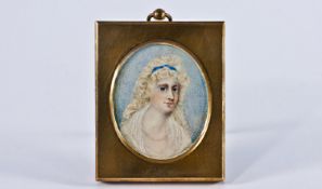 Fine Early 19th Century Portrait Miniature On Ivory Of A Young Lady With Long Blonde Hair and a