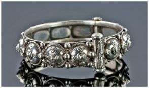 Heavy Silver Eastern Bangle, Stylised Shield And Bead Design, Stamped 800.