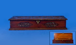 19th Century Wooden Carved Hinged Glove Box with trampwood carved cover and front panels of good