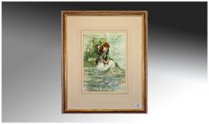 Gordon King Original Framed Watercolour `Young Girl sitting by a Beach`. Signed lower right. 15 by