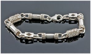 Silver Fancy Link Bracelet, Set With White Faceted Stones. Fully Hallmarked.