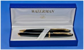 Waterman Paris, Boxed Fountain And Ballpoint Pen Set, Black Body And Cap With Gold Mounts. Look To