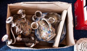 Box of Miscellaneous, containing jug, teapot, candelabra, two silver plated vases, silver handled
