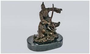 Fine Detailed Bronze Of A Japanese Samurai Warrior, who has just drawn his sword, the scabbard