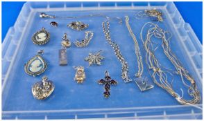 A Collection of Silver Jewellery Items, including chains - stone set crosses, ingots, brooches,