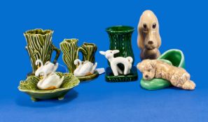 Six Pieces of Sylvac, comprising dog sitting, vase with swan figure, vase and goat figure, swan
