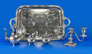 A Large Silver Plated Tray, with grape vine cast borders and carrying handles, with a plated 3