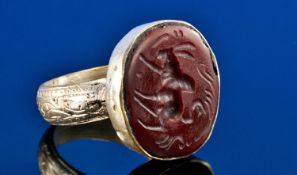 Sassanian Carnelian Intaglio Seal Stamp (19 x 21mm) Deep Engraved Horned Mountain Goat.  A.D. 224-