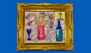 Impressionist Oil Painting initial CA. `Still Life of bottle and a glass and flowers in a red vase