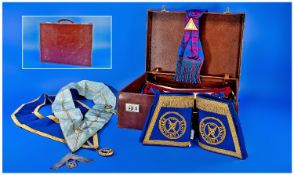 Masonic Interest, Leather Case Containing A Collection Of Masonic Items, Comprising Sashes, Cuffs,