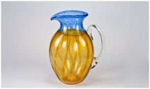 Superb Amber and Aquamarine Oval Studio Glass Pitcher. Signed on the base by Jeff Walker and Robin
