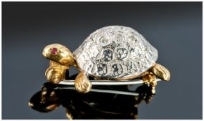 18ct Gold Novelty Brooch Modelled In The Form Of A Tortoise With White Gold Shell Set With Round