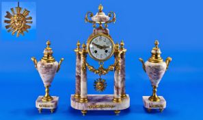 French Very Fine Hour Lavigne Ormolu Clock and Marble Vase Garniture, c 1930, marked `Just` to the