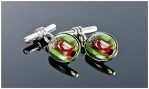 Gents Set Of Silver Cufflinks, Of Oval Form With Chain Links, The Fronts Showing Golf Bags And