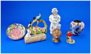 Basket Containing a Collection of Ceramics, comprising nodding figure, Royal Aldderly bird figure,