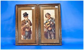 A Pair of Prints of Italian Gentlemen playing their instruments in street setting, probably Naples.